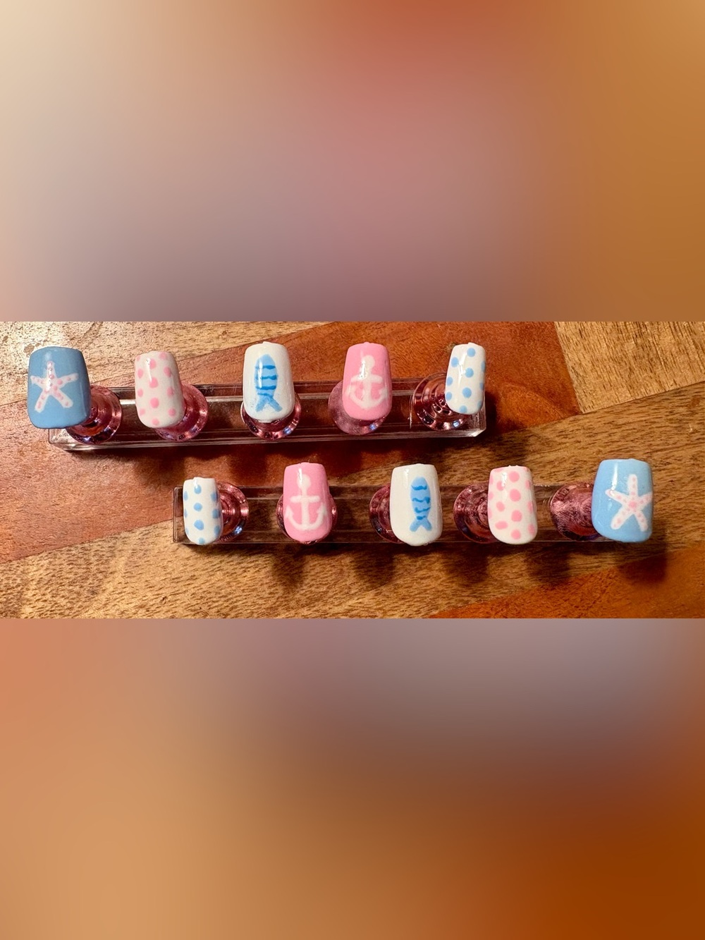 Nautical Anchor, Fish and Starfish Pink, White & Blue Handpainted Glue-On Nails